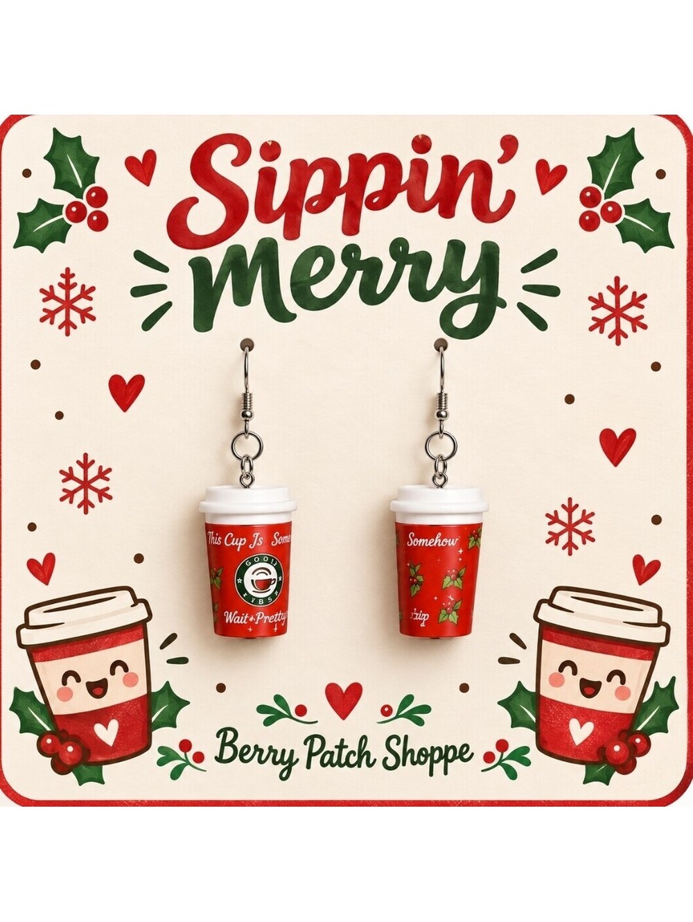 Holiday Coffee Cocoa Cups Sippin' Merry Christmas Earrings